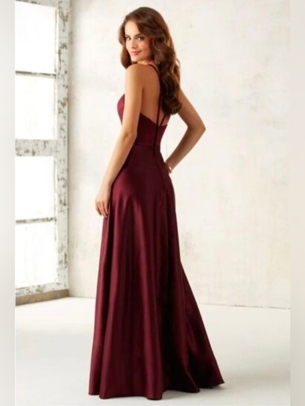 Morilee By Madeline Gardner Bordeux Bridesmaid Satin Maxi Gown Halter Neckline 6 - Picture 2 of 11